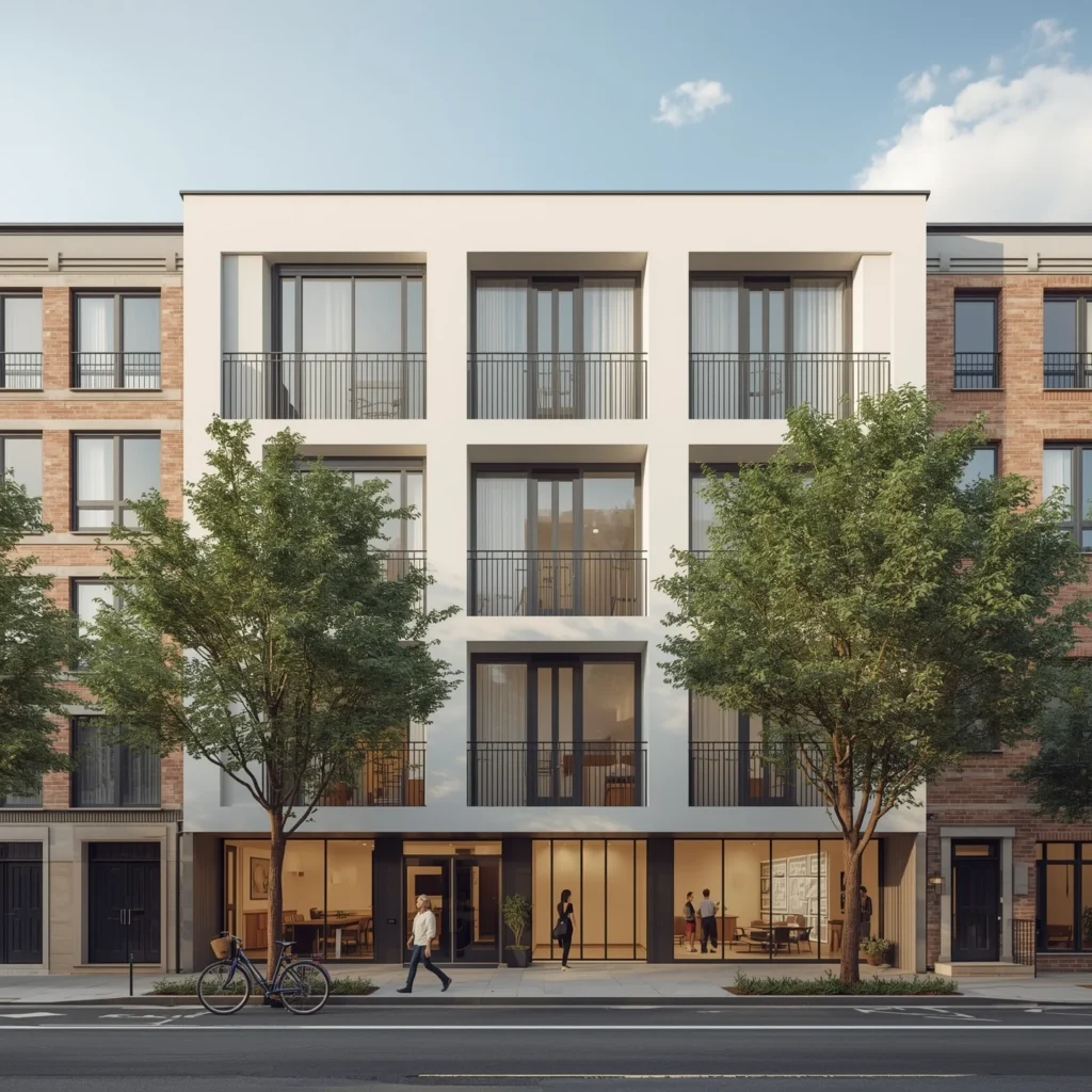 A contemporary mid-rise apartment building with minimalist design