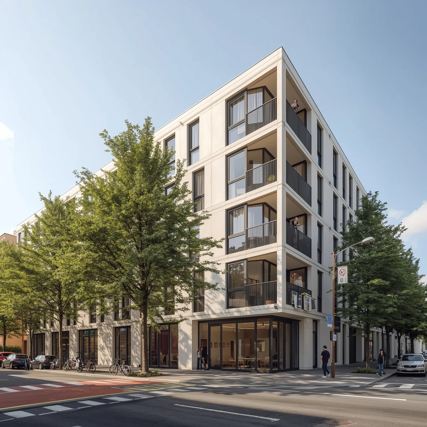 A premium apartment complex exterior featuring multiple modern buildings with balconies, rooftop gardens