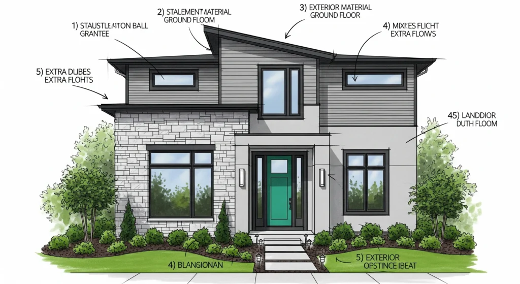 Breakdown of key front home elevation design elements: front door, windows, stone veneer, lighting, and landscaping.