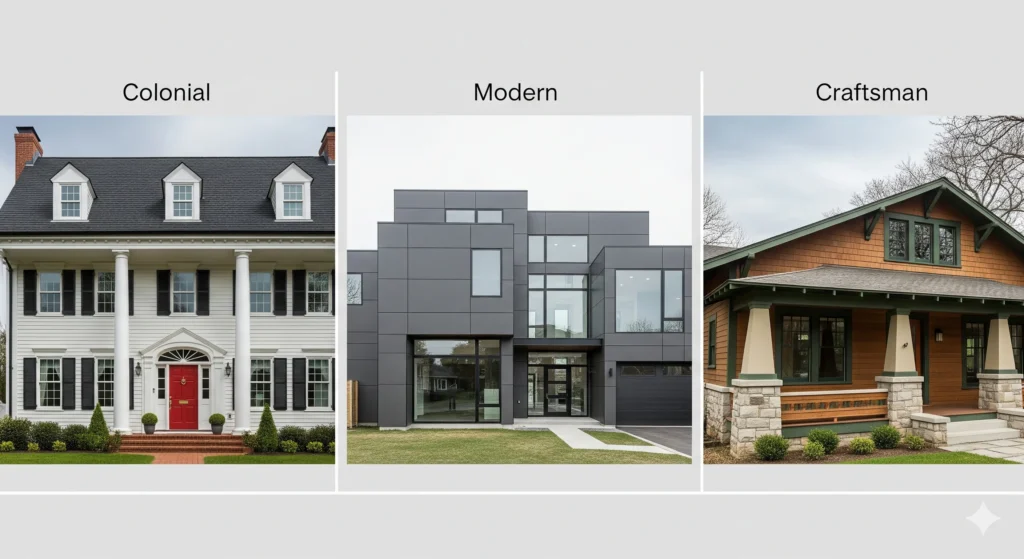 Comparison of home exterior design styles: Colonial, Modern, and Craftsman for your front elevation design inspiration.