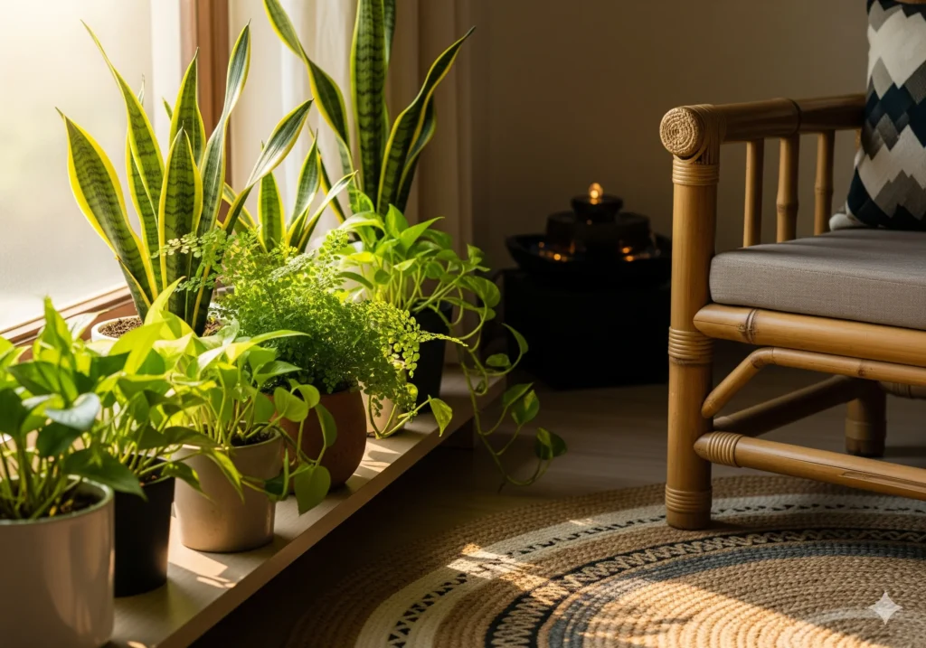 Cozy living room with indoor plants and natural light, showcasing biophilic design in modern homes for a serene aesthetic.