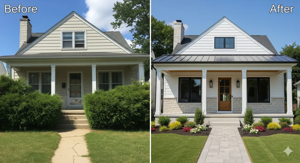 Dramatic before and after home exterior renovation showing a modern farmhouse transformation and curb appeal upgrade