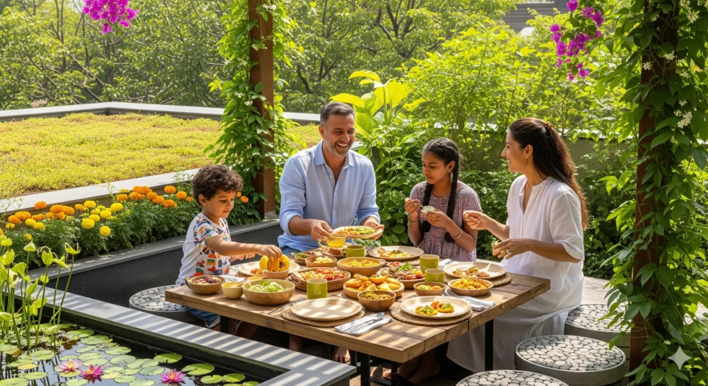 Family on a biophilic terrace with green roof, showcasing sustainable biophilic design in modern homes for wellness.