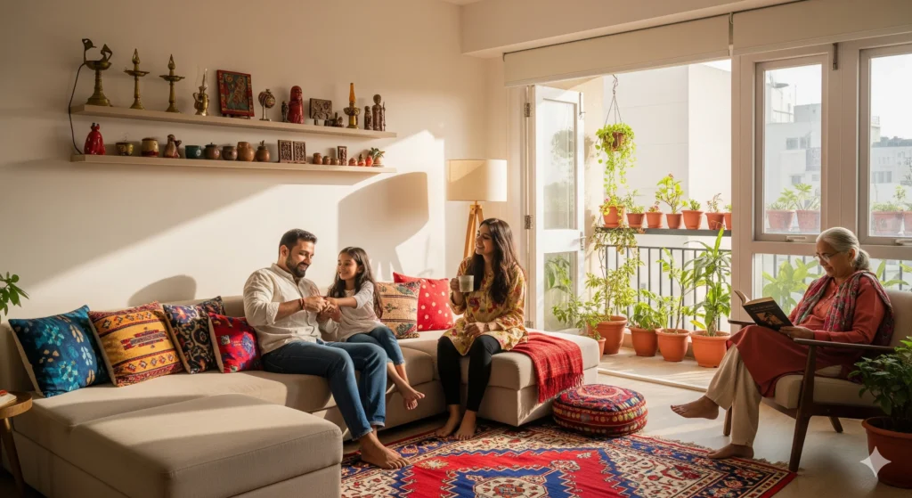 Indian family in a balanced living space, showcasing minimalism vs. maximalism in home design with vibrant decor.