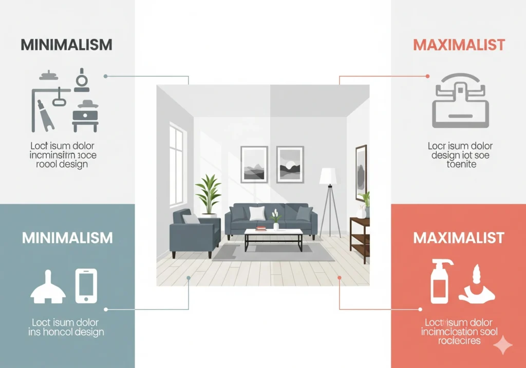 Infographic comparing minimalism vs. maximalism in home design, showcasing minimalist simplicity and maximalist vibrancy.