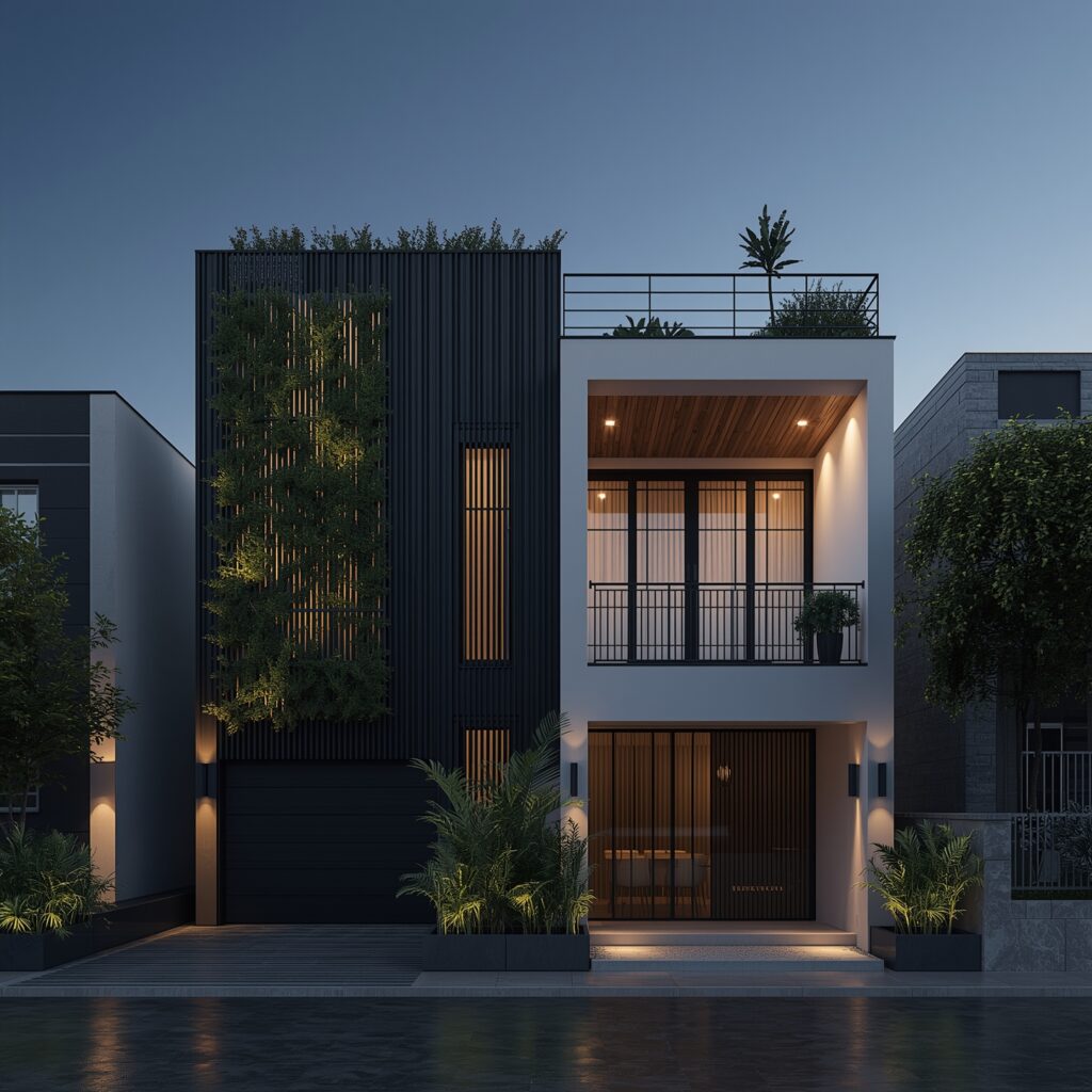 tylish urban double-story house, dark grey and white exterior