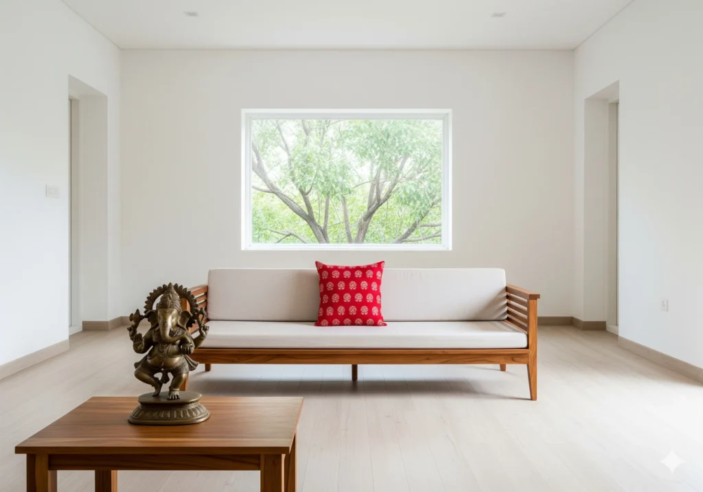 Minimalist Indian living room with teak furniture, reflecting minimalism vs. maximalism in home design for serene spaces.