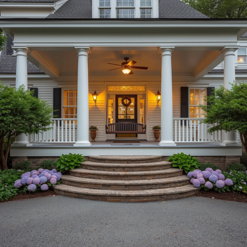 Colonial revival front porch design for large property with classic American farmhouse charm