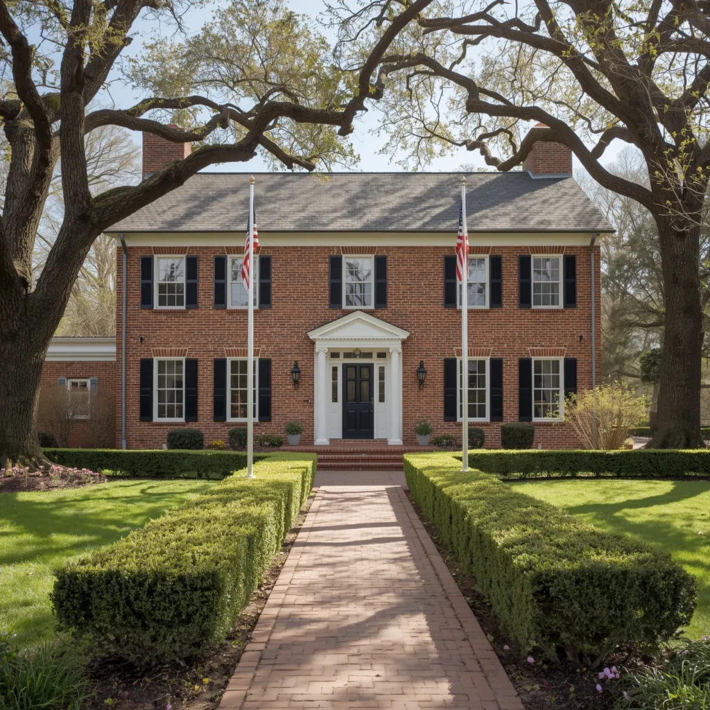 Colonial style front home design for 1800 yard property with symmetrical facade and formal landscaping