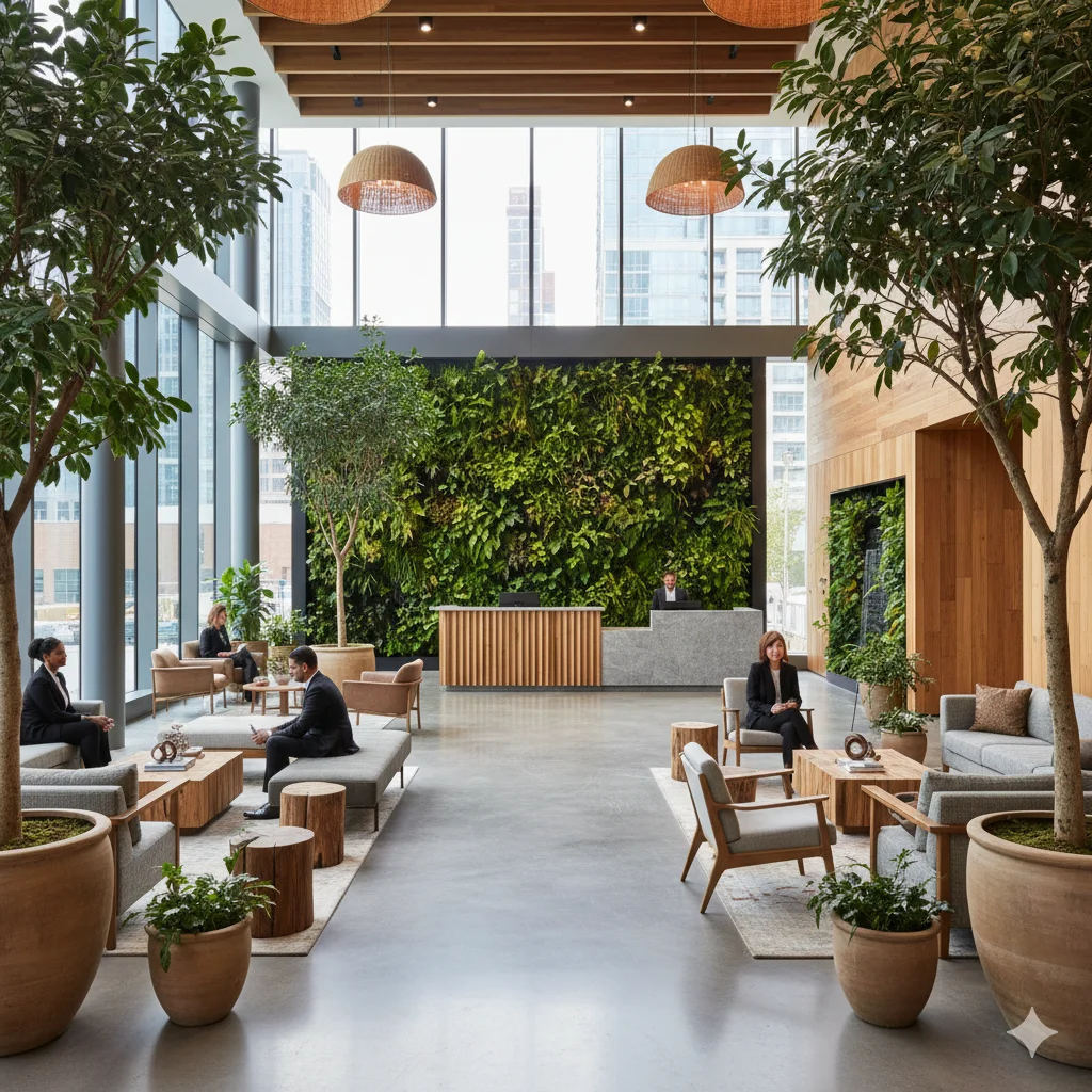 Commercial architectural services with biophilic office lobby design enhancing wellness