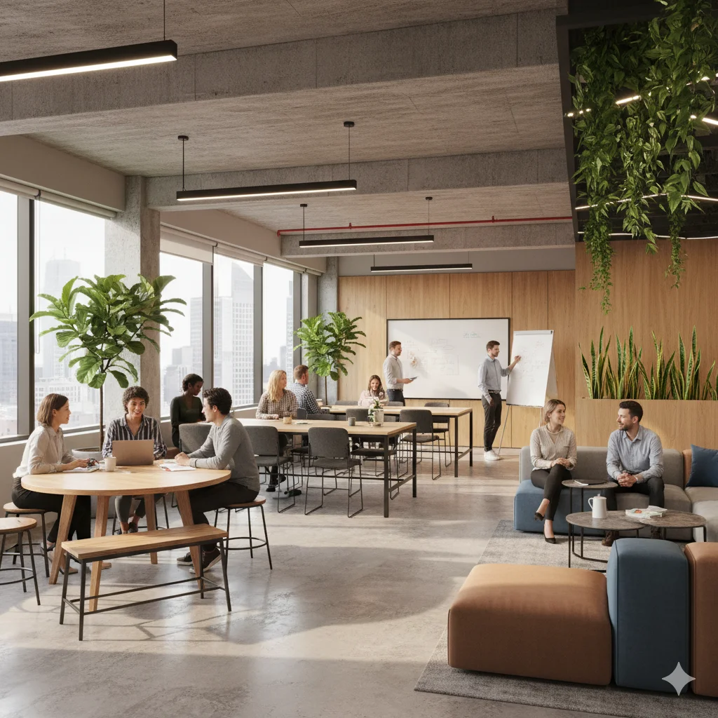 Commercial space planning showing open-plan office design boosting teamwork