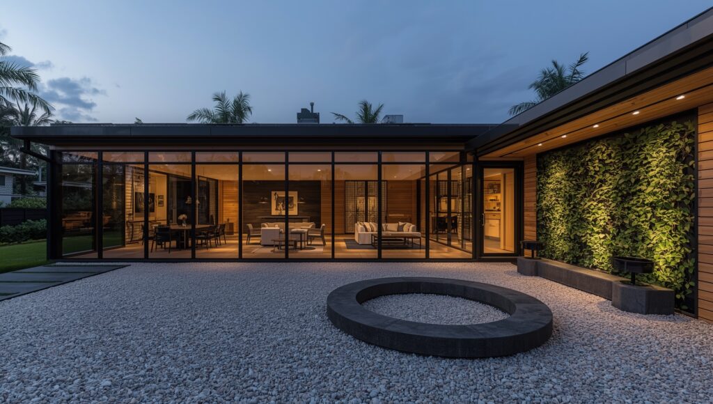 Contemporary glass house front home design for 1800 yard property with energy-efficient facade and modern landscaping