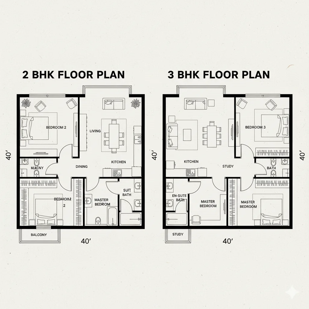 Detailed floor plan of 40' x 40' House Designs with room layout
