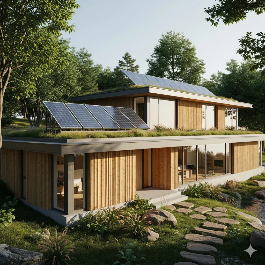 Eco friendly home architecture design with solar panels and green roof