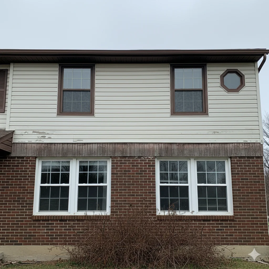 Example of front elevation mistakes: poor window proportions and misaligned windows make a home look unbalanced and cheap.