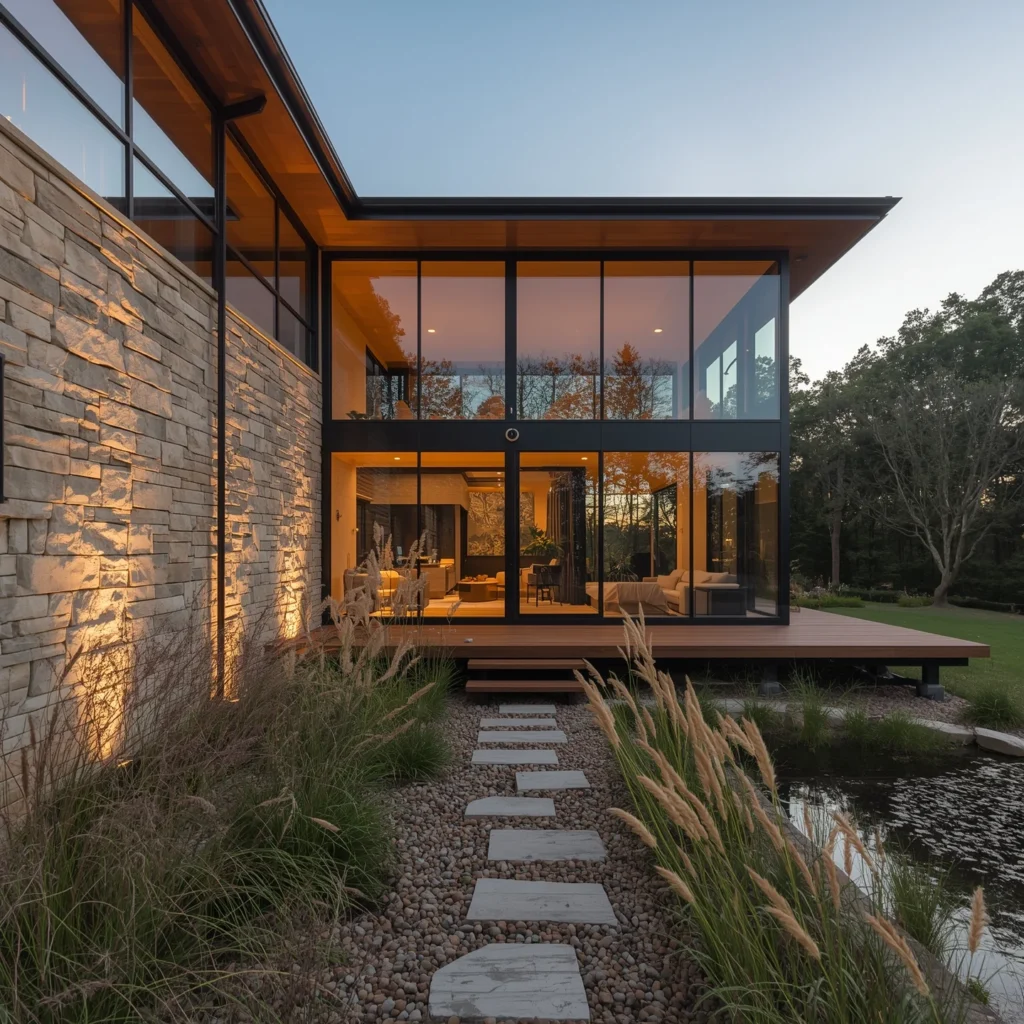 Glass and stone combo front home design for 1800 yard property with natural materials and elegant elevation