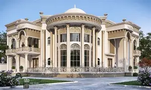 Grand staircase entrance for large front yard home with dramatic front elevation and luxury details
