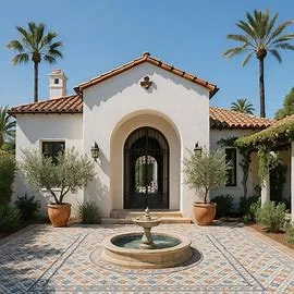 Mediterranean villa front home design for 1800 yard property with arched entrance and resort-style courtyard