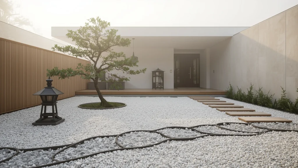 Minimalist Zen garden front yard design for large property with peaceful home entrance and natural textures