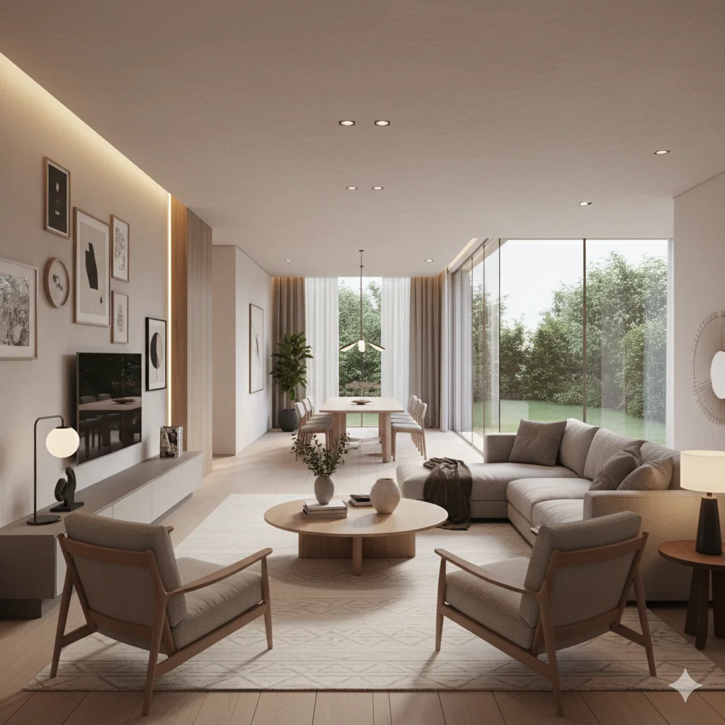 Modern living room in 40' x 40' House Designs with open floor plan