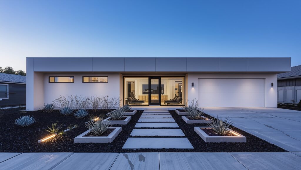 Modern minimalist mansion front home design for 1800 yard property with clean architecture and low-maintenance landscaping"