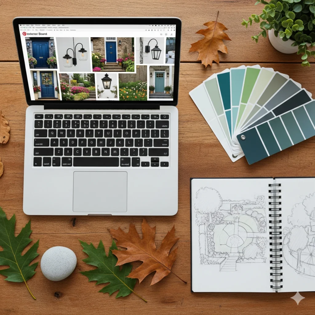 Start your front home design planning process with a inspirational mood board and sketches