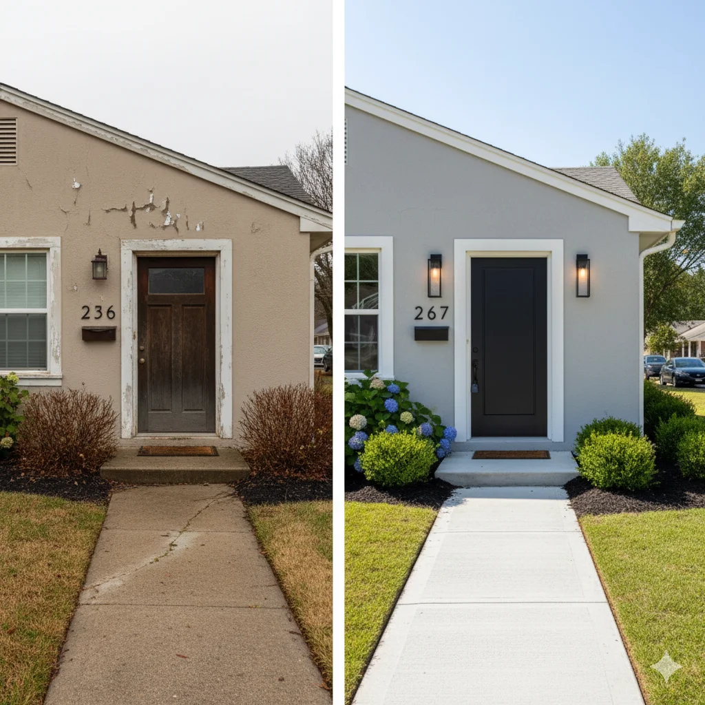 before and after budget-friendly front elevation upgrades showing paint, lighting, door, and landscaping improvements