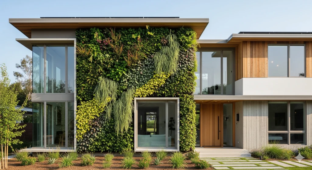eco-friendly house front elevation design with a vertical garden