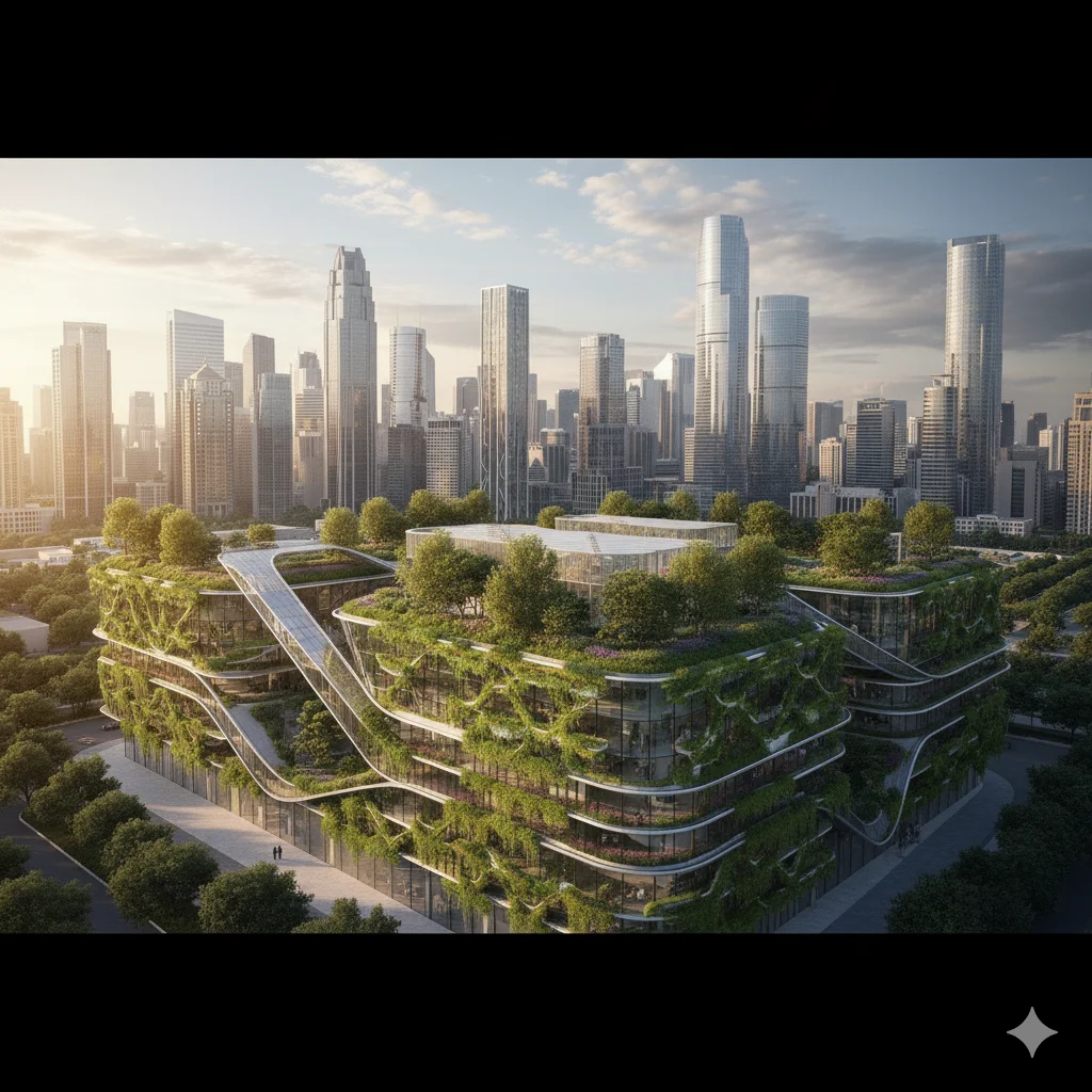 modern commercial building design with glass façade and sustainable architecture