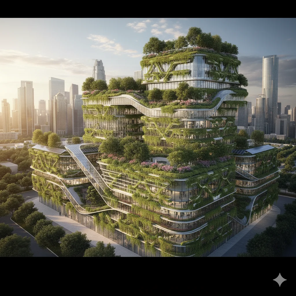 sustainable commercial building design with vertical gardens and rooftop greenery