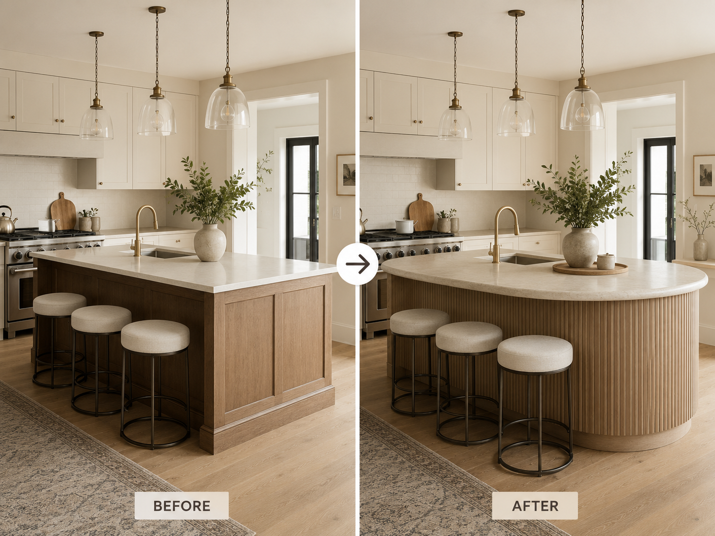Rounded kitchen island renovation before and after