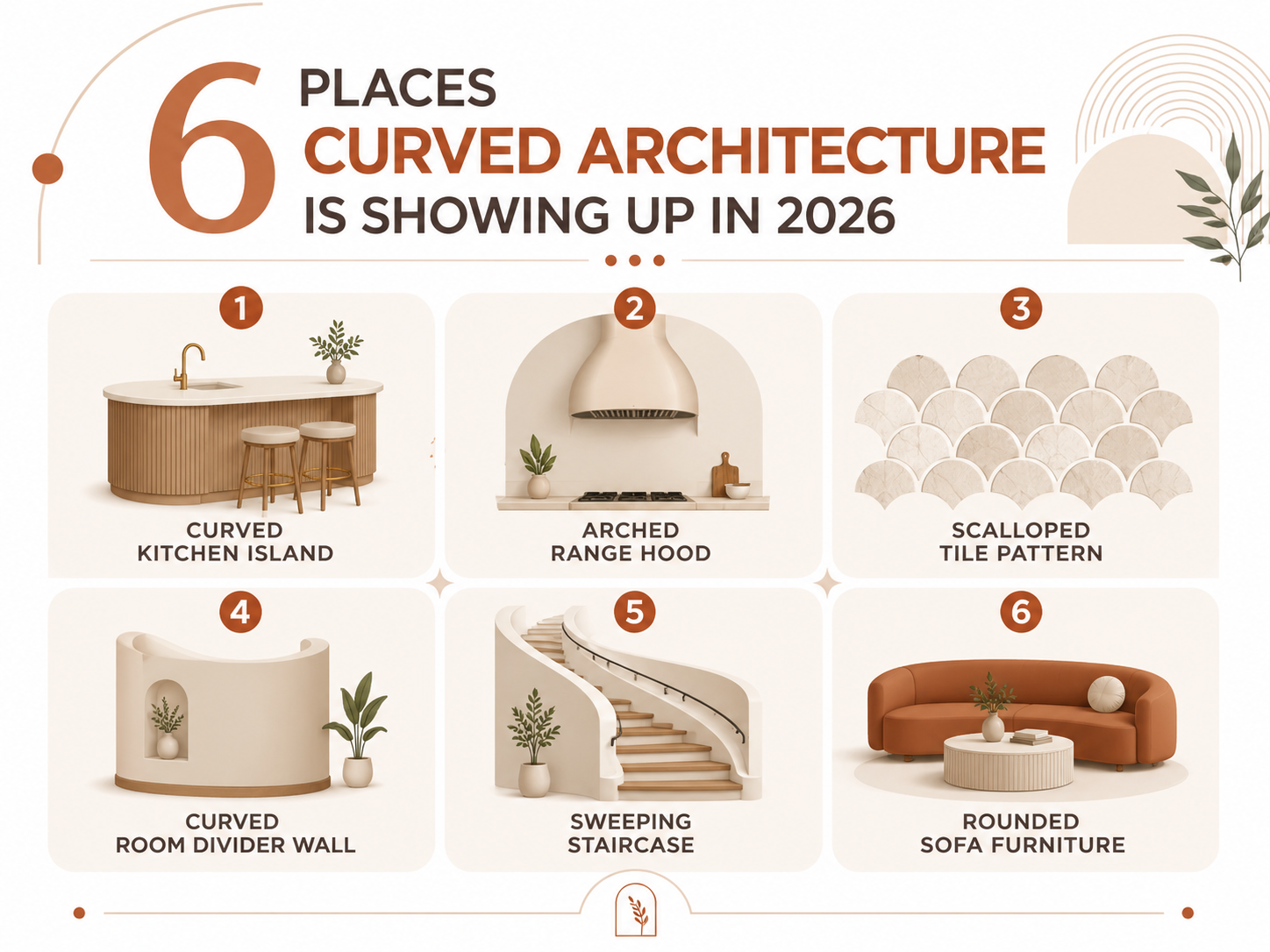 Curved furniture and scalloped tile in soft geometry interior design