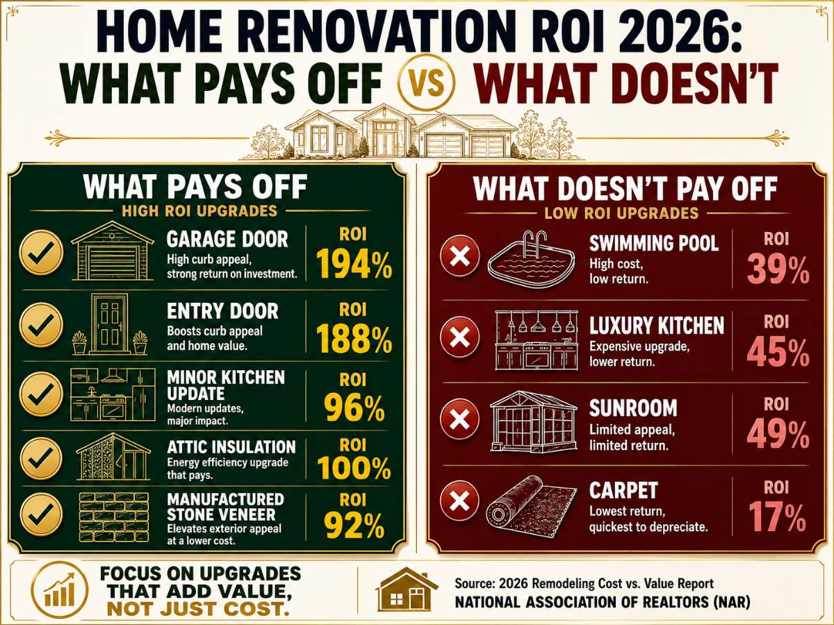 Premium infographic comparing high ROI and low ROI home renovations in 2026