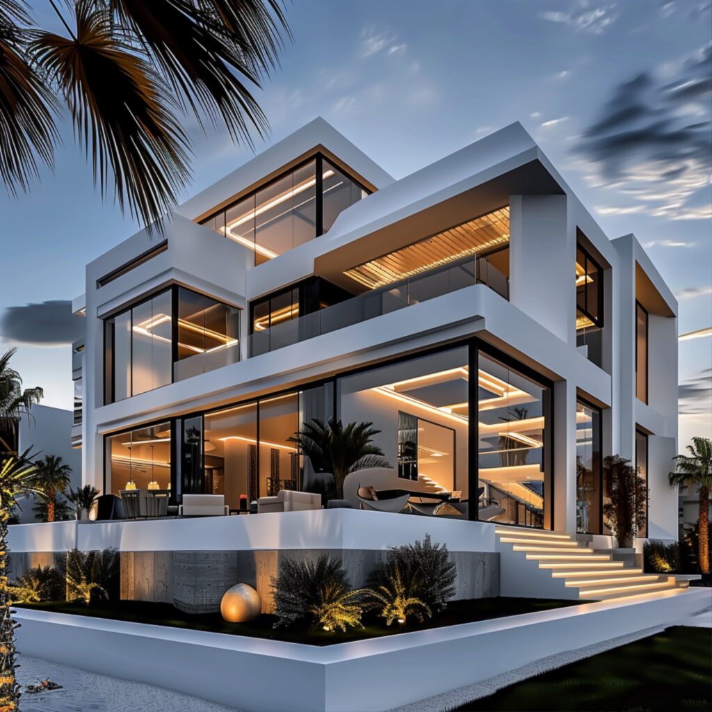 Alt Tag: "Luxurious modern white and black house at dusk, featuring extensive glass walls, illuminated interiors, glowing accent lights on steps, and tropical palm trees."