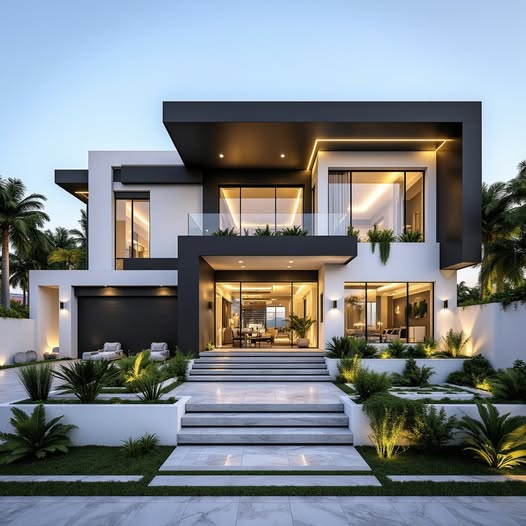 "Striking white and black modern luxury home with large glass facades, multiple balconies, and a grand entrance staircase framed by green landscaping and warm accent lighting at dusk."