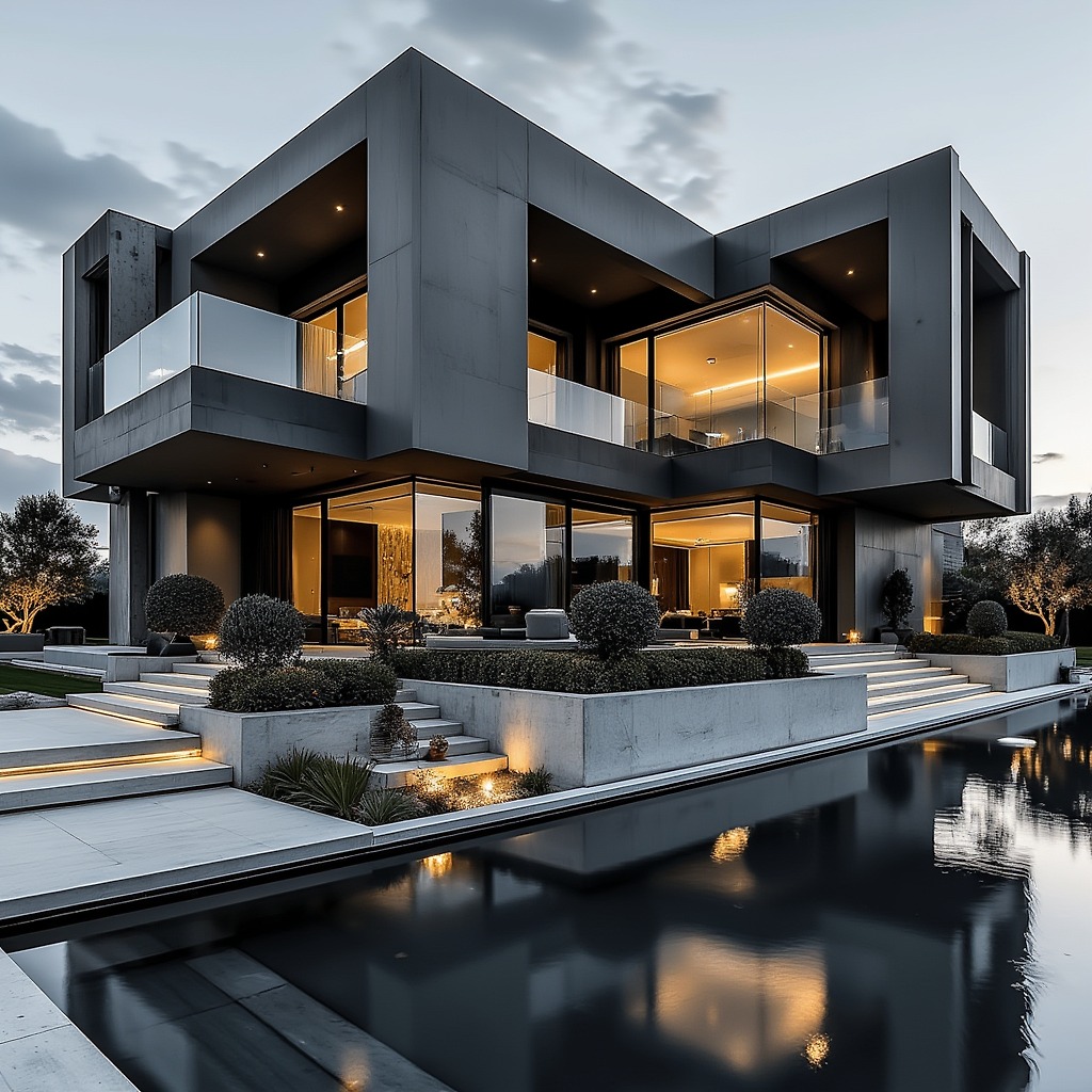 Modern dark grey cubic luxury home with large glass windows, illuminated interiors, and a dark reflective swimming pool in the foreground, under an overcast sky.