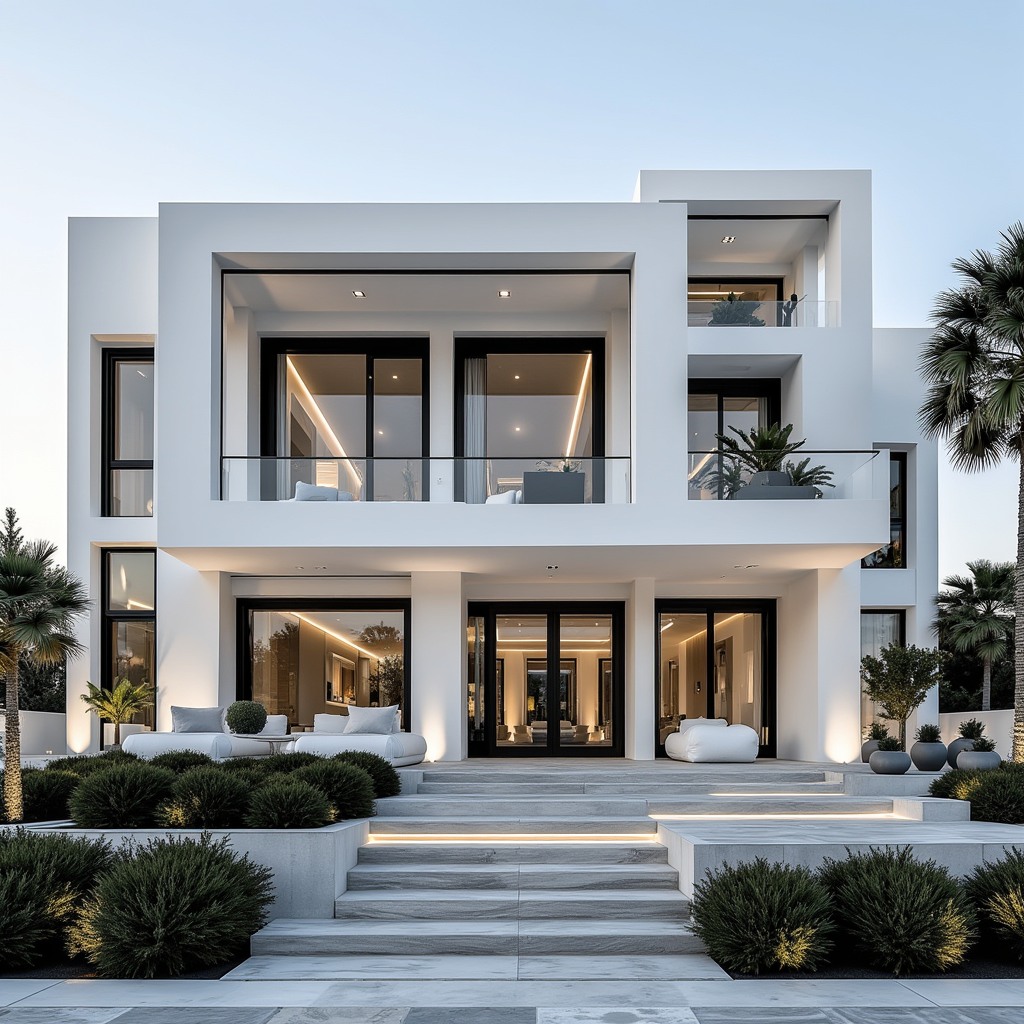 "Grand white modern luxury villa with expansive glass doors and windows, multiple balconies, a wide entrance staircase leading to a large patio, and tropical landscaping with palm trees."