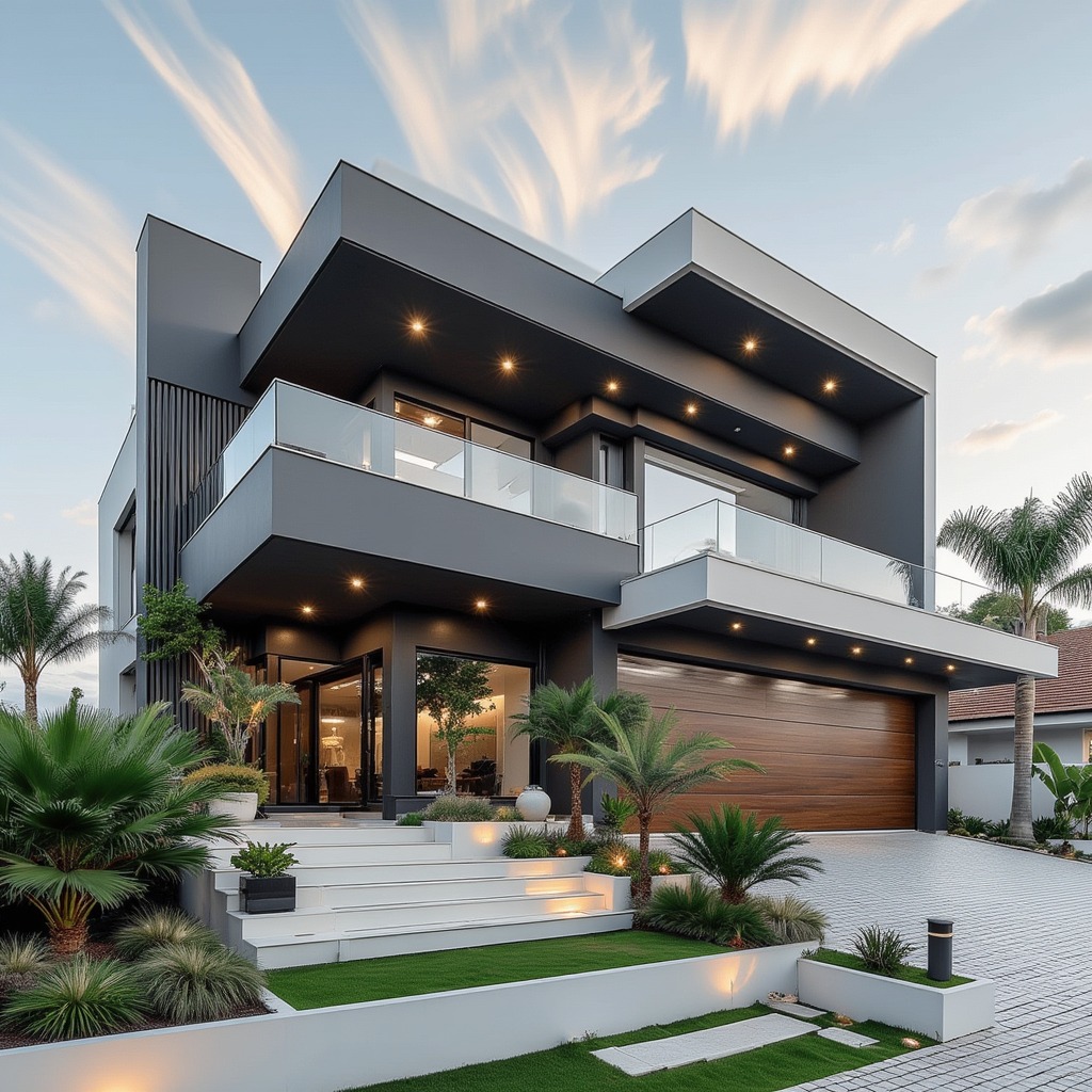 "Contemporary dark grey luxury house with a large wooden garage door, expansive glass balconies, lush tropical landscaping including palm trees, and a bright sky with wispy clouds.
