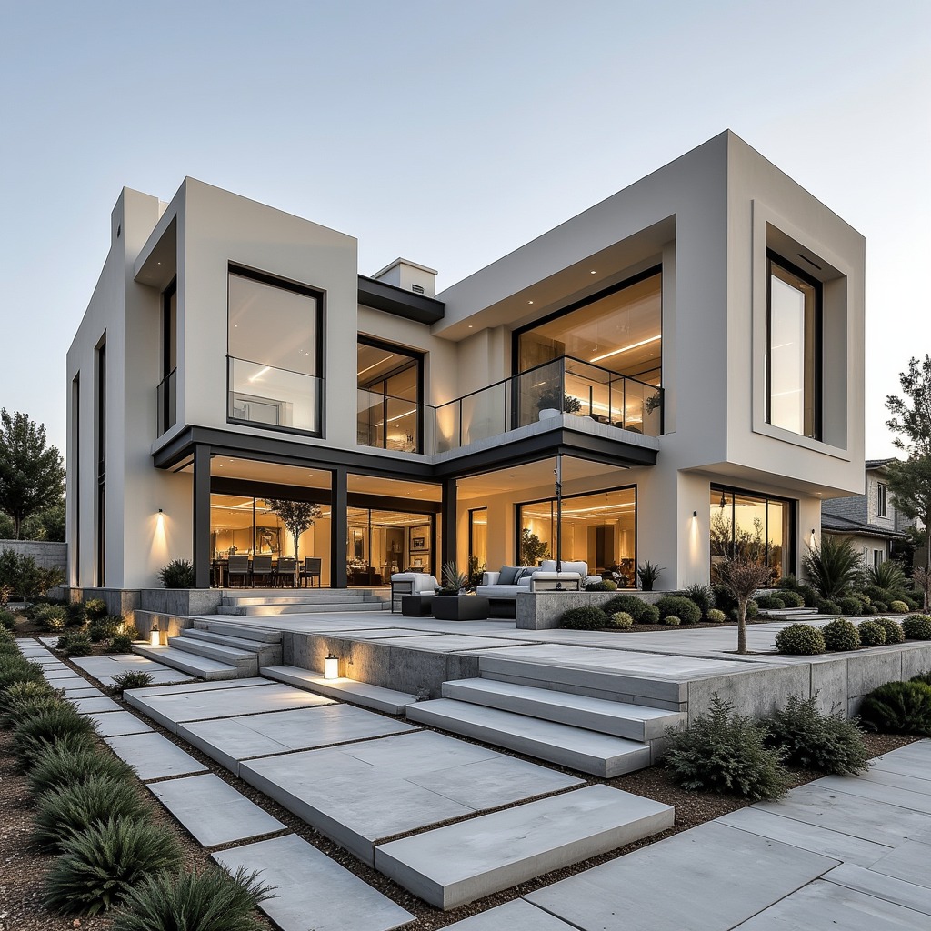 Spacious modern light grey luxury residence with extensive glass walls, multiple balconies, a large outdoor patio area with modern seating, and tiered concrete steps leading to the entrance.
