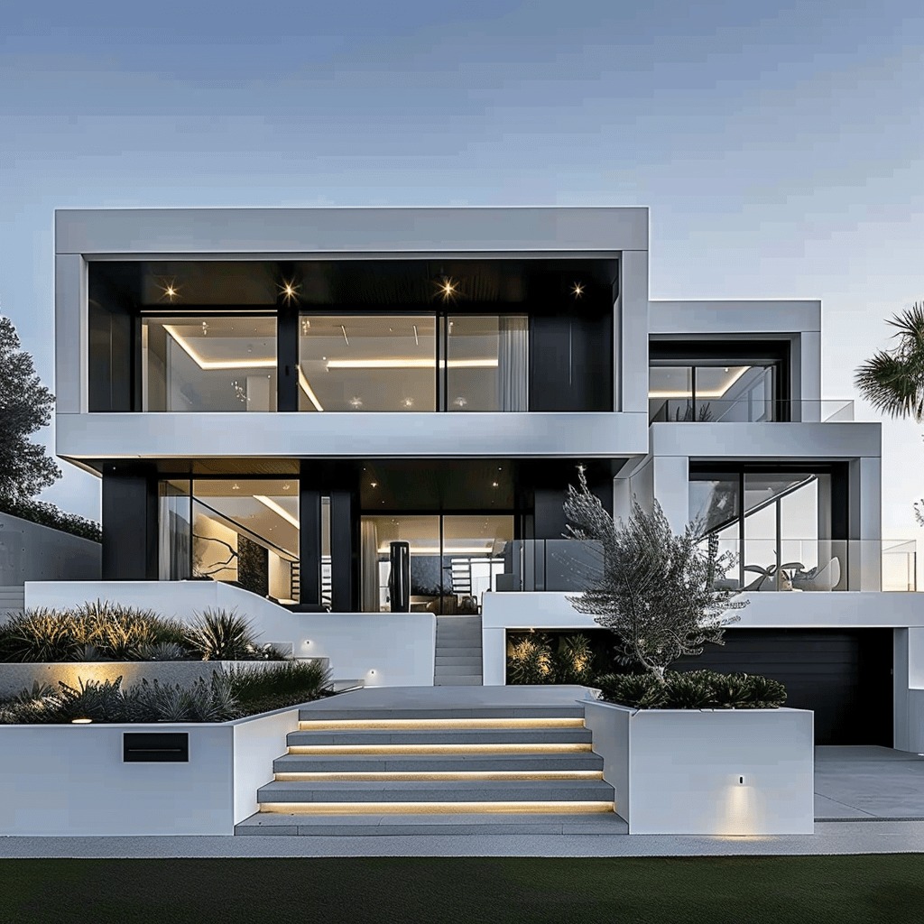Modern luxury villa with geometric architecture, expansive glass windows, and illuminated stairway landscaping – epitome of contemporary home design.