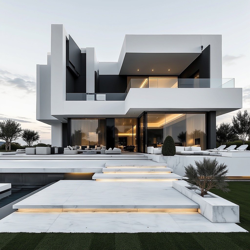 ALT Text: Sleek white minimalist villa with modern architecture, open terrace, and garden lighting – a symbol of elegant modern living.