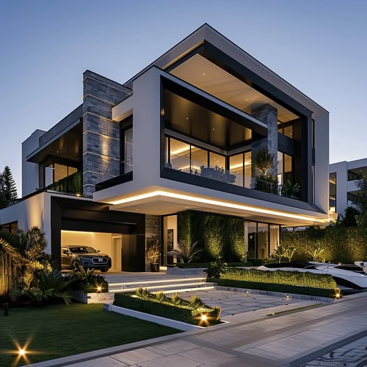ALT Text: Luxury home with dramatic lighting, stone accents, and lush green landscaping – a striking modern villa design.