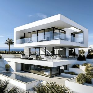 ALT Text: Contemporary coastal villa with panoramic glass facade, layered terraces, and rooftop views – luxury modern living redefined.