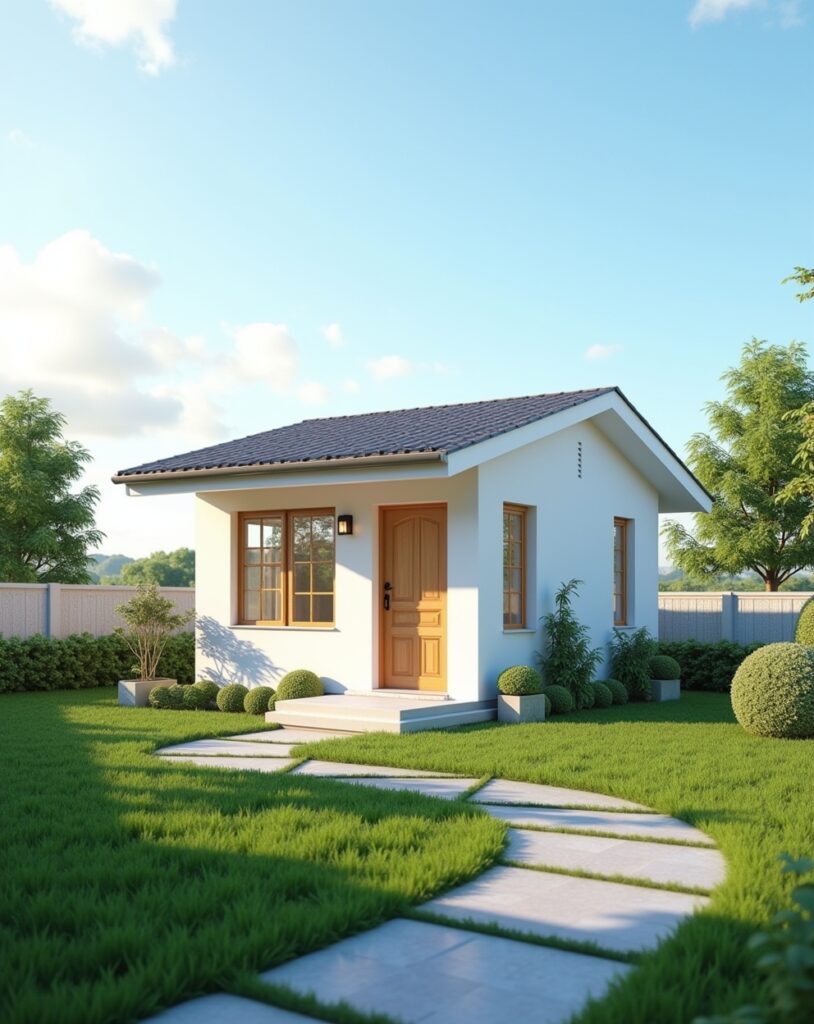 Compact 2 BHK house design with front lawn and minimalistic architecture