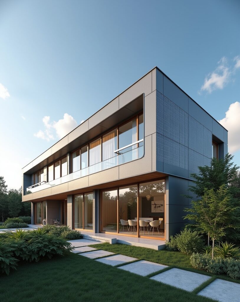 Contemporary house front with sleek built-in solar panel design