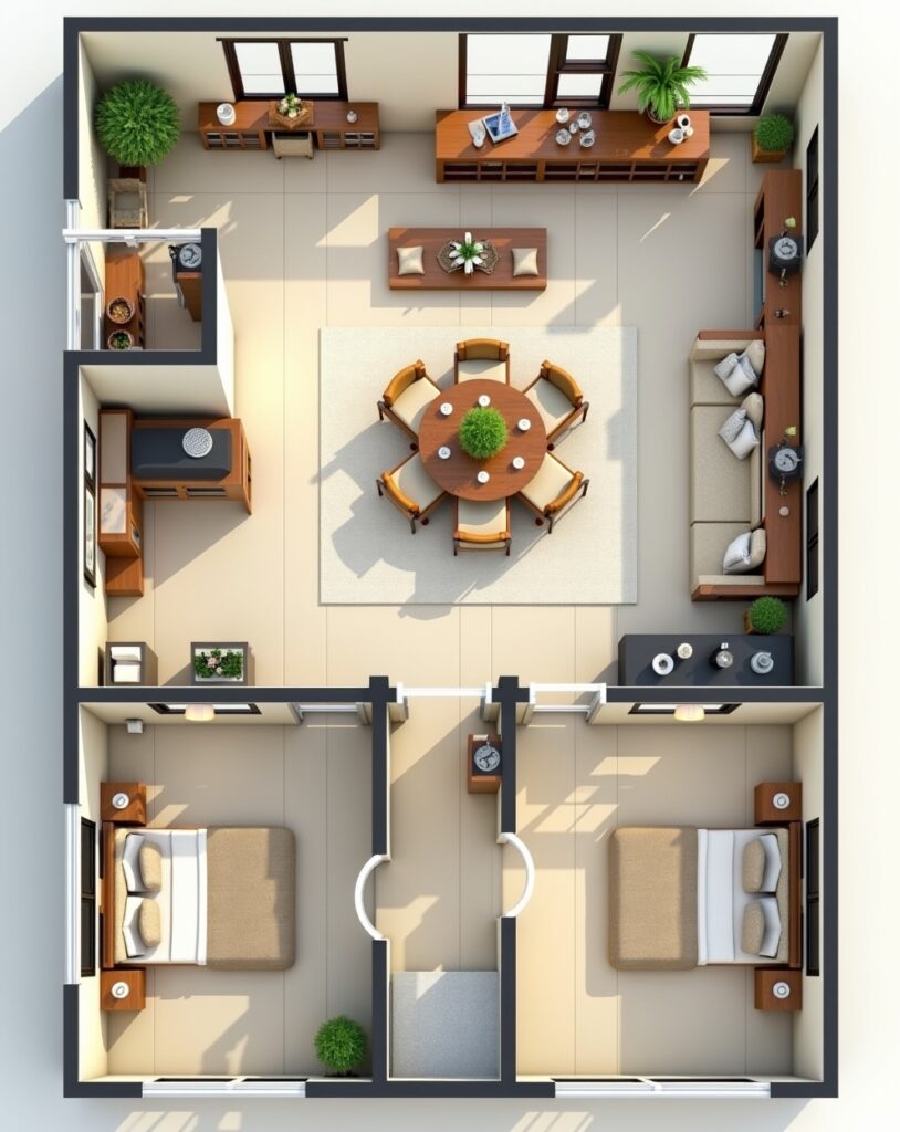Contemporary 3 BHK House Plan with open kitchen and 2 bathrooms