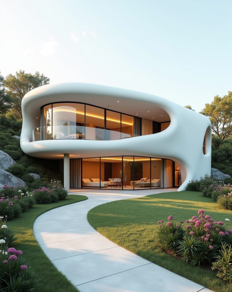 Modern home with rounded architectural shapes and soft curves