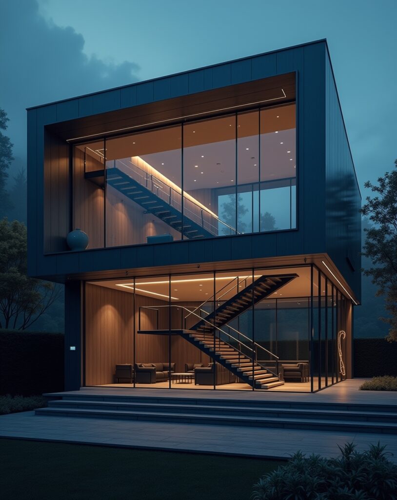 Futuristic double-storey elevation with metal textures and asymmetrical glass design