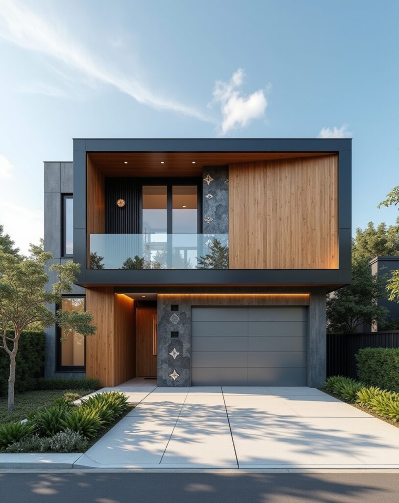 Contemporary house front with sleek built-in solar panel design