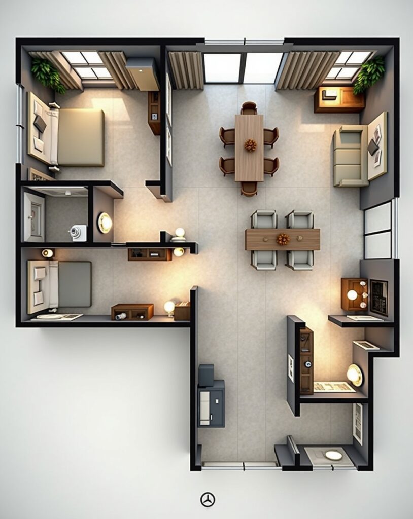 L-shaped 3 BHK House Layout with open-concept design
